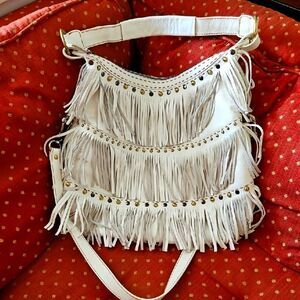 Carla Mancini Vintage Fringe White Leather Shoulder Bag